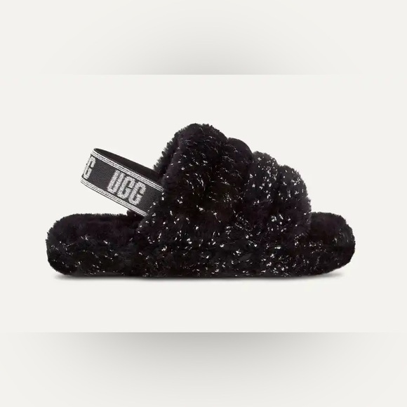 UGG Other - UGG Kids Fluff Yeah Metallic Sparkle Black Fuzzy Slide Sandals Size 1